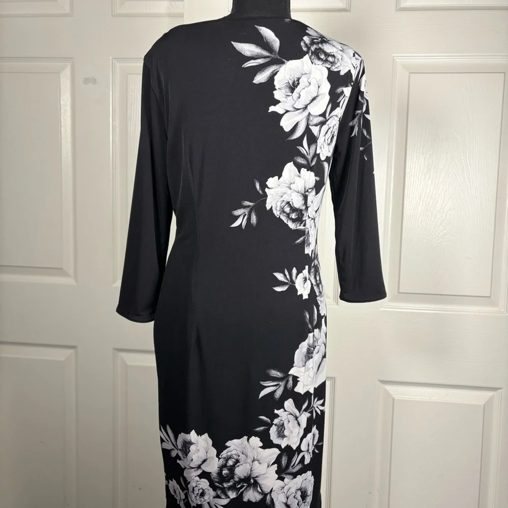 White House Black Market Asymmetrical Black Dress with White Floral Design - Picture 5 of 13
